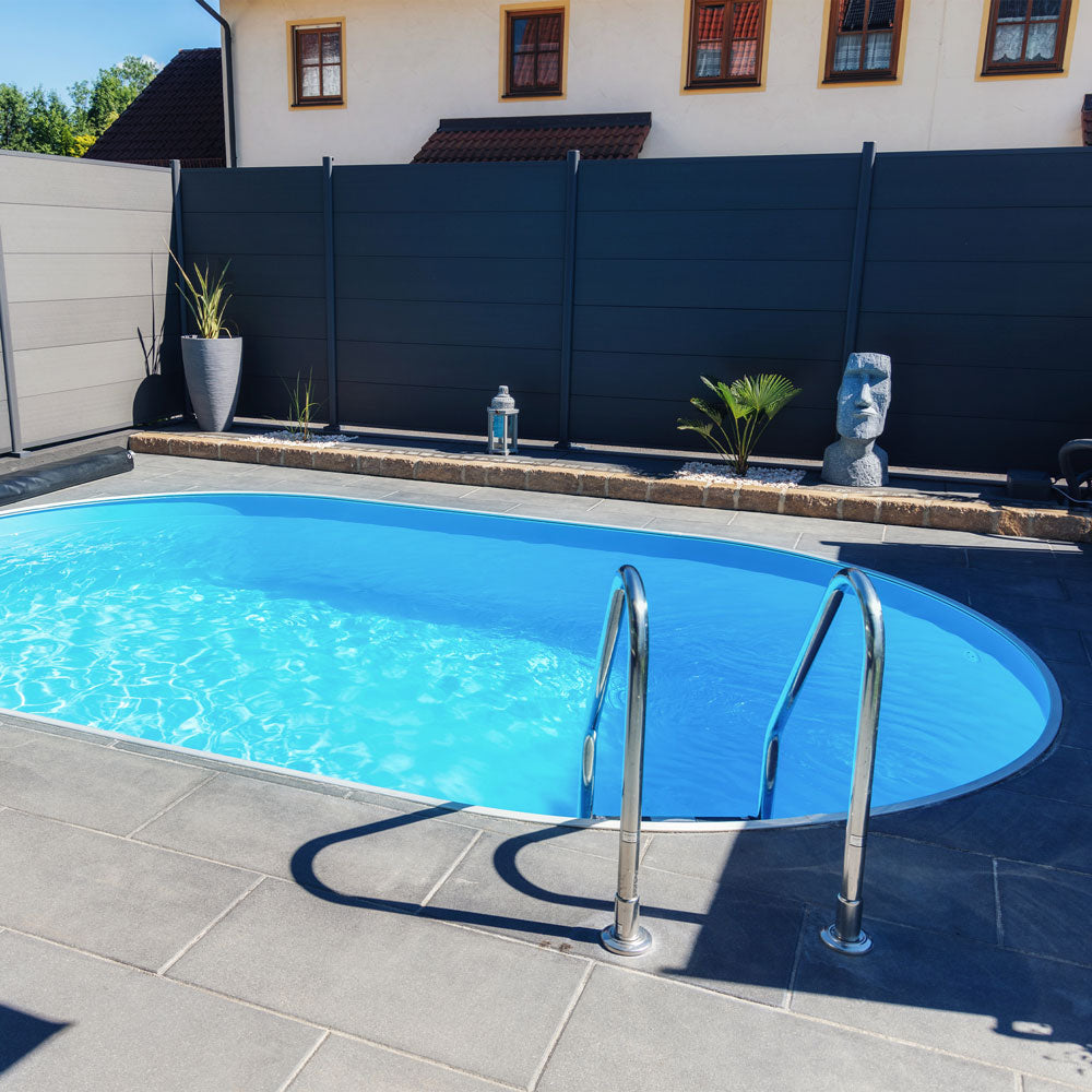 Oval stålväggspool SQ, förstärkt liner 1,0 mm, aluminiumräcke, delvis/helt nedgrävd