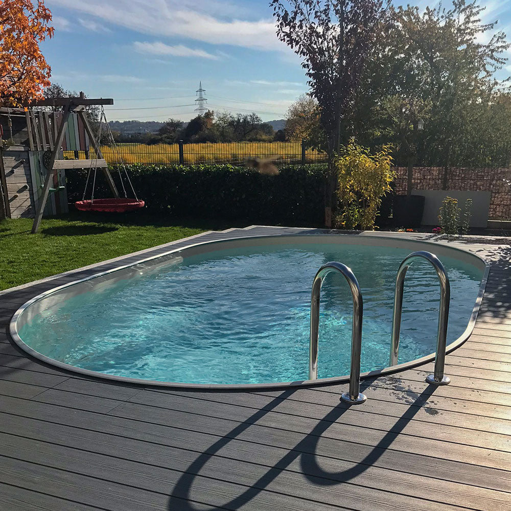 Oval stålväggspool SQ, 4D-liner 0,9 mm, aluminiumräcke, delvis/helt nedgrävd